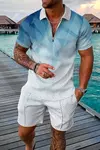 Conjunto de camisa polo e shorts masculino casual de manga curta com zíper gola v, moda verão, 2 peças, 2023
