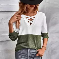 Imagem do Camisas femininas coloridas com decote v, camiseta de manga comprida, tops casuais da moda, pulôver primavera e outono