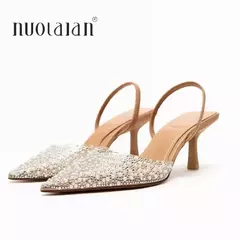 Salto alto de dedo apontado para mulheres, decoração pérola, slingback, sandálias, sapatos elegantes, moda verão, 2024 - comprar online