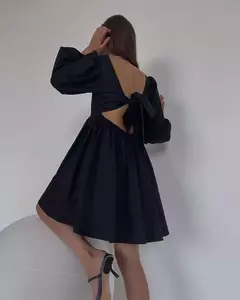 Vestido sem encosto sexy feminino com gola quadrada francesa, vestido bowknot, manga comprida solta, doce mini vestidos de festa, monocromático, novo, outono, 2024 - loja online
