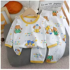 Imagem do Pijama de algodão puro para meninos e meninas, camiseta fina de manga comprida, tops e calças lindos desenhos animados, conjuntos de roupas infantis, verão, novo, 2022