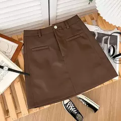 Imagem do Saia Bodycon de couro PU feminina, botões vintage, bolso com zíper, versátil, cintura alta, fina, curta, sólida, linha A, verão, novo