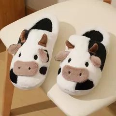 Chinelos de pelúcia quente de vaca unisex dos desenhos animados, Mula interna antiderrapante de casal, Sapatos de algodão, Toe Wrap, Novo, Inverno na internet