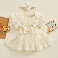 Recém-nascido Lace Patchwork Ruffle Macacões, Macacão Vestido, Mesh Baby Girl Roupas, Sunsuit Roupas, 2Pc Roupas na internet