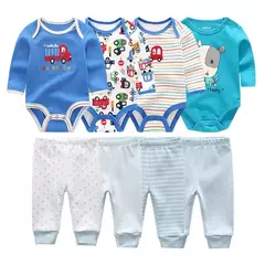 Imagem do Conjunto de calças e bodysuits de algodão de manga comprida para meninos e meninas, roupas unissex para primavera e outono, 8 peças por lote