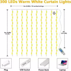 LED Curtain String Lights, Fada Decoração, Feriado USB, Guirlanda de Lâmpada, 8 Mode, Casa, Jardim, Festa de Natal, Ano Novo, Casamento, 3m - comprar online