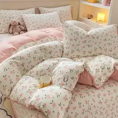 Conjunto de cama infantil com 3 peças, colcha rosa, capa de edredão floral vegetal, padrão de gato, desenhos animados fofos, conjunto de cama para meninas, decoração do quarto na internet