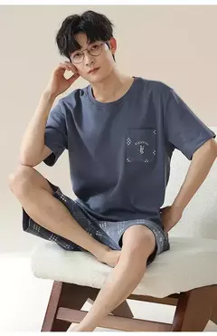 Conjunto de pijama de algodão fino masculino, shorts de manga curta, roupa caseira, verão, novo, 2022 - comprar online