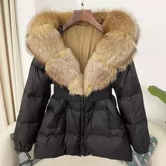 Oftbuy 2024 jaqueta de inverno feminina gola de pele de raposa natural real com capuz grosso quente 90% pato branco para baixo casaco feminino streetwear casual na internet