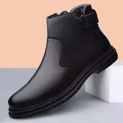 Botas de couro genuíno masculinas, botas de neve básicas masculinas, pele de pelúcia quente, calçado de plataforma antiderrapante, vestido formal, inverno - comprar online