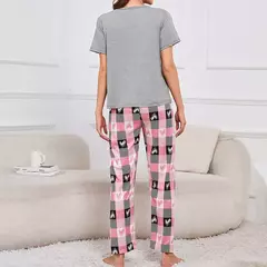 Conjunto de pijama de manga curta feminina, top gola redonda, shorts e calças, lounge wear, roupa de dormir, casual, estampado, 3 peças - Wolf Magazine