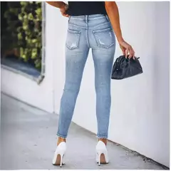 Amazon shein denim cintura magra lápis jeans feminino franja design danificado transfronteiriço temu tecido fino comprimento médio da cintura na internet