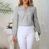 Camisa listrada multicolorida feminina, decote em v, colarinho branco, colarinho branco, moda trabalho, manga comprida, estilo viajante, novo, verão