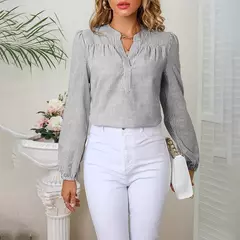 Camisa listrada multicolorida feminina, decote em v, colarinho branco, colarinho branco, moda trabalho, manga comprida, estilo viajante, novo, verão