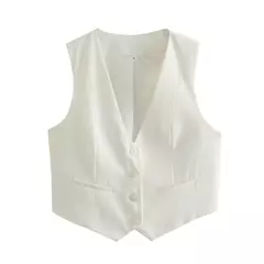 Colete feminino sem mangas TRAF, camiseta com decote em v, casacos curtos, terno de trabalho, preto e branco, moda verão