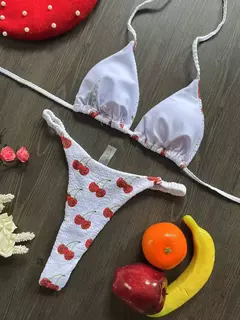 Conjunto brasileiro de biquíni tanga para mulheres, moda praia, tanga sexy, maiô, 2 peças, roupa de banho, estampa cereja fofa, 2023