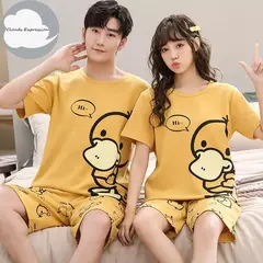 Imagem do Desenhos animados pato impressão pijama conjuntos para jovens amantes, pijamas de algodão, ternos curtos para casais, moda homewear, verão, 4XL