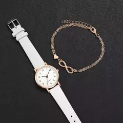 Relógio de couro branco feminino, relógio de quartzo simples com bracelete coração amor, conjunto 2 peças - Wolf Magazine