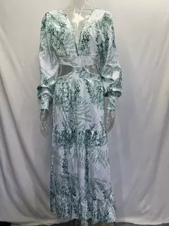 Imagem do Primavera novo vestido longo moda impressão sexy profundo decote em v vestido de manga comprida feminino elegante oco para fora plissado emendado maxi vestido