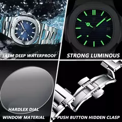 Poedagar relógio de luxo negócios à prova dwaterproof água masculino relógio luminoso data aço inoxidável quadrado quartzo relógio masculino reloj hombre 2024 novo na internet