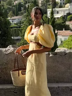 Vestido midi elegante e recortado para mulheres, gola quadrada, manga folhada, vestido de fenda para senhora, elegante moda de festa, amarelo, verão, 2024 - loja online