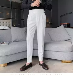 Homens estilo britânico ternos calças novo masculino sólido calças de cintura alta alta qualidade formal magro ajuste negócio casual terno calças - Wolf Magazine