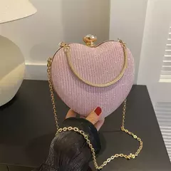 Bolsa de metal brilhante em forma de coração para mulheres, bolsa de ombro, bolsa crossbody, corrente, luxo, senhora, moda na internet