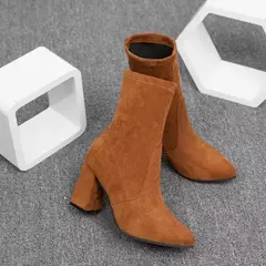 Botas curtas de salto grosso para mulheres, botas emagrecedoras, dedo apontado, moda feminina, estilo clássico, outono, inverno, D64