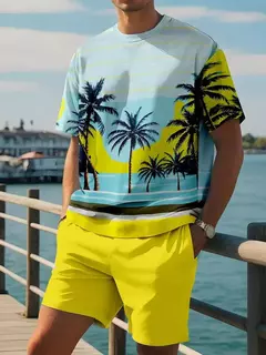 Imagem do Camiseta de praia havaiana masculina, conjunto de 2 peças, manga curta, estampa palmeira, decote em O, moda exterior, casual, verão