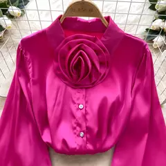 Elegante cetim tridimensional flor manga longa lapela blusa chique vintage moda colheita topo feminino camisas de outono roupas na internet