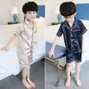 Pijama de seda menino e menina, pijama de seda infantil de 2 a 14 anos, criança pequena, pijama de seda de manga curta, pijama de seda