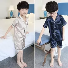Pijama de seda menino e menina, pijama de seda infantil de 2 a 14 anos, criança pequena, pijama de seda de manga curta, pijama de seda