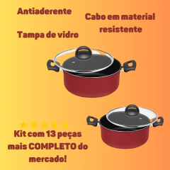 Imagem do Conjunto Panelas Antiaderente Teflon com Tampa de Vidro Kit 13 peças Vermelha