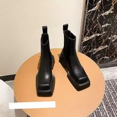 Mulheres de couro genuíno botas nuas novo salto grosso chelsea botas dedo do pé quadrado botas curtas de salto alto designer moda feminina botas