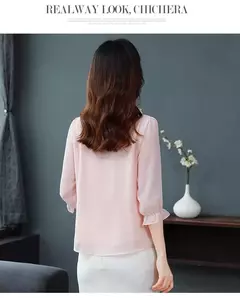 Chiffon blusa com gola pétala para as mulheres, blusa solta e casual, meia manga, gravata borboleta, nova moda, primavera verão, tamanho m a 4xl, 2024 - comprar online