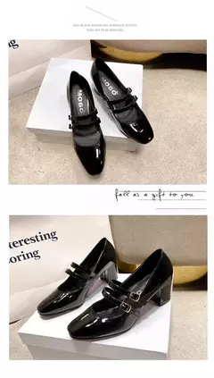 Imagem do Sapatos Mary Janes de fivela dupla feminina, couro envernizado, cabeça quadrada, salto quadrado, cor sólida, primavera, outono, 2022