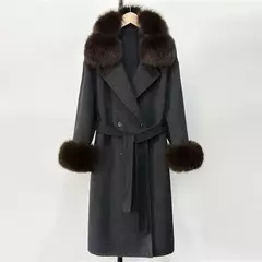 Natural real gola de pele de raposa lã mistura casaco punhos de pele jaqueta de lã feminina 2025 novo outono inverno jaqueta de pele de caxemira outerwear - comprar online