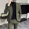 Fato de negócio clássico trespassado masculino, botão dourado, gola alta, jaqueta e calças, conjunto de 2 peças, azul marinho, roupa formal