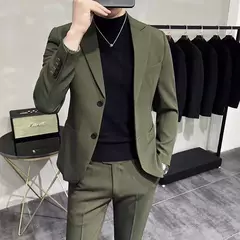 Imagem do Fato de negócio clássico trespassado masculino, botão dourado, gola alta, jaqueta e calças, conjunto de 2 peças, azul marinho, roupa formal