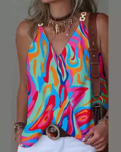 Camisola de alças sem mangas estampada listrada feminina, gola em v com fivela de metal, pulôver solto, blusa feminina, verão, 2024 - comprar online