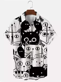 Imagem do Camisa havaiana dos desenhos animados de anime masculino, Tops de manga curta, roupas casuais masculinas, rua, animais, gatos, retrô, 3D Tees, verão