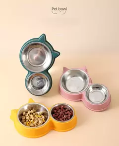 Novo filhote de cachorro gatinho suprimentos de alimentação dois tigelas para animais de estimação bebedor de comida para cães de aço inoxidável prato bebendo para animais de estimação dispositivo de acesso alimentador
