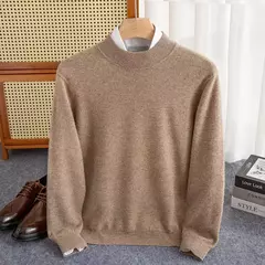 Pulôver de malha de lã de gola meia alta masculino, suéter quente de cor sólida, blusa casual de negócios 100% lã, outono inverno - loja online