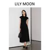 LILYMOON-vestido longo de emenda francês, saia de cintura alta, preto, fino, temperamento, cem, moda, verão
