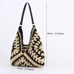 Sacola de palha vintage para mulheres, grande capacidade, bolsa de ombro de férias, bolsa casual, oca designer, bolsa de praia verão - loja online