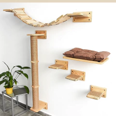 Árvore de gato montada na parede, prateleiras de madeira para escalada, plataforma de salto ou rede com escada para gatinho, móveis para playground