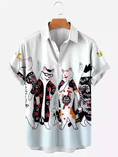 Camisa havaiana dos desenhos animados de anime masculino, Tops de manga curta, roupas casuais masculinas, rua, animais, gatos, retrô, 3D Tees, verão - loja online