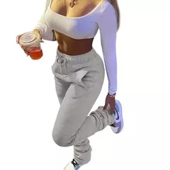 Calça espessa com renda de cintura alta feminina, monocromática, casual, esporte, corrida, estudante, outono, inverno, moda