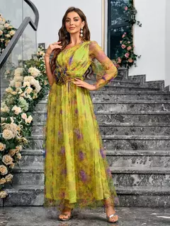 Vestido de noite tie-dye de um ombro feminino, vestido de baile formal, mangas de bolha de malha, bainha dividida, elegante - comprar online