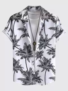 Camisa de lapela masculina de manga curta, estilo havaiano, padrão tropical de coqueiro, tops grandes, férias de verão - Wolf Magazine